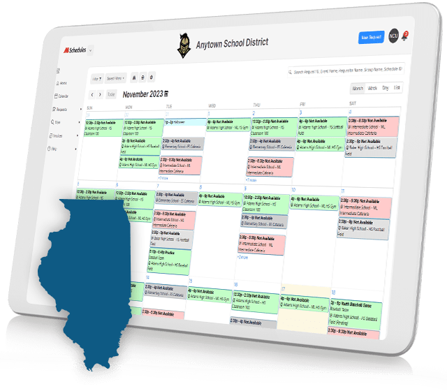 ML Schedules on tablet with icon of state of Illinois