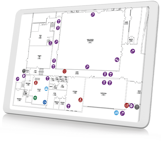 A tablet displaying an ML Drawing's screen of a Emergency Use floor plan stamped with select facility asset locations.
