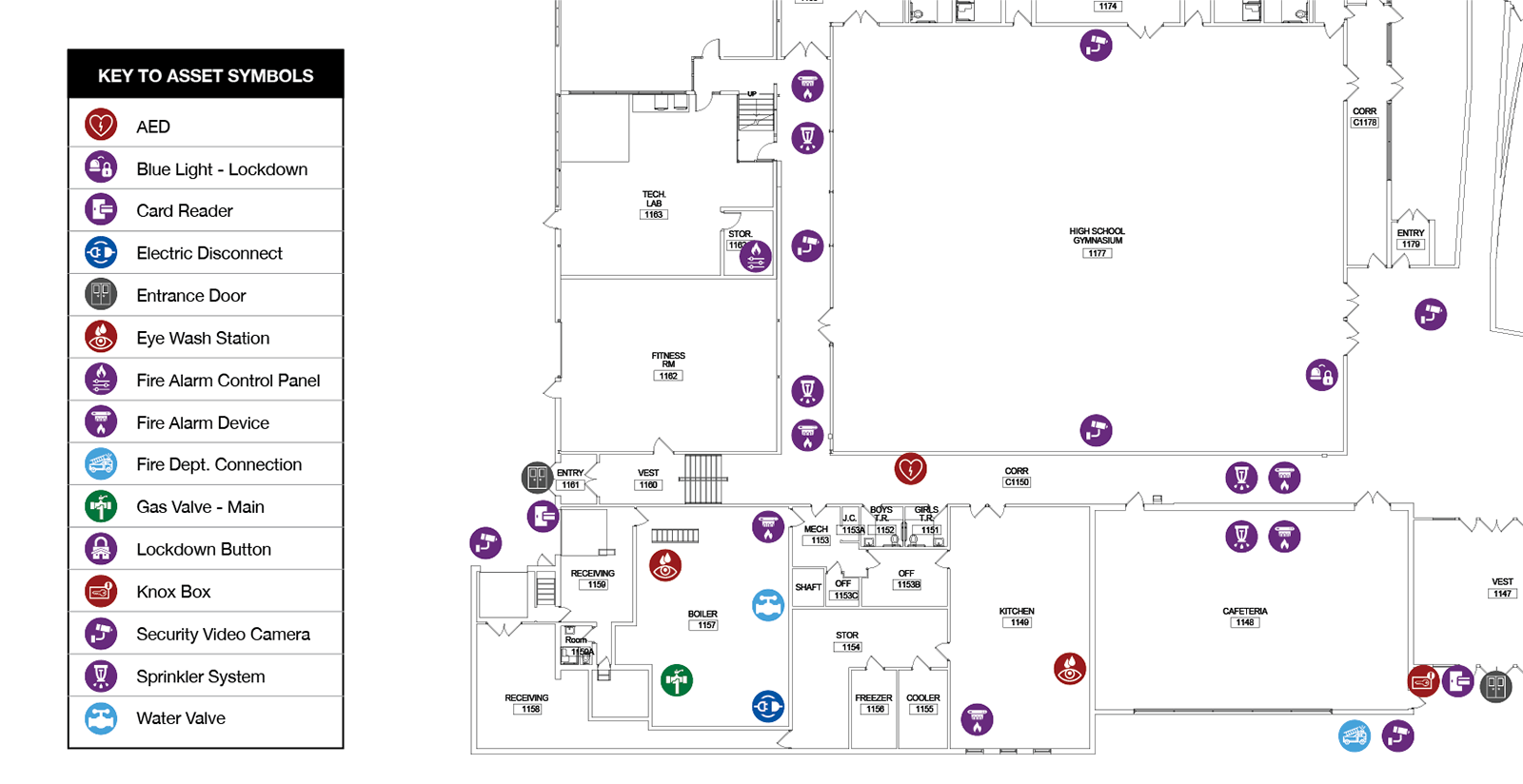 A sample building-specific Emergency Floor Plan showing the location of emergency and safety facility assets.
