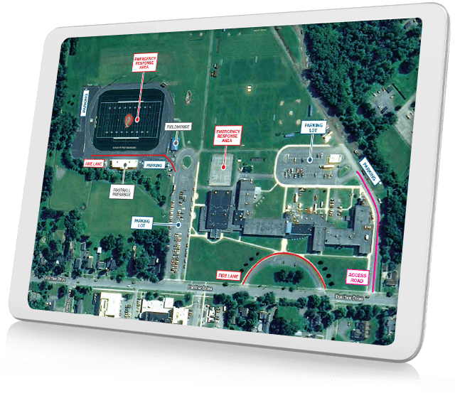A tablet displaying an ML Drawings screen of an Emergency Response area map created with integrated annotation tools.